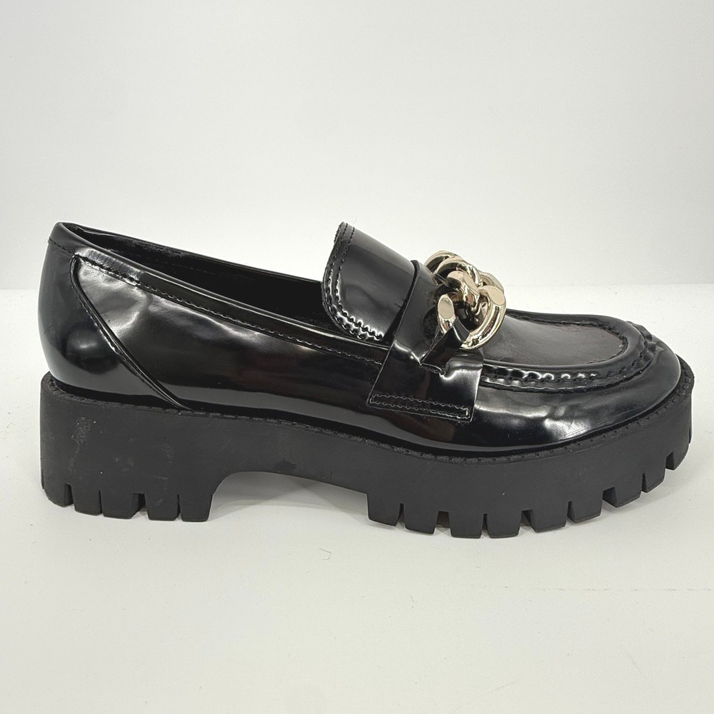 Guess Hillford Loafer Womens 8.5 Black Fair Chunky Lug Sole Gold Chain Platform